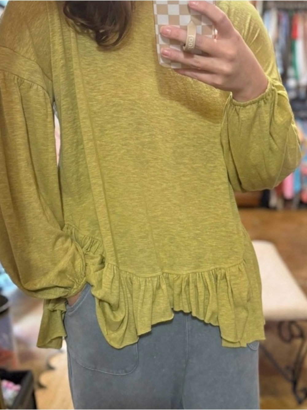 easel Olive Green Ruffle-Hem Tunic Top